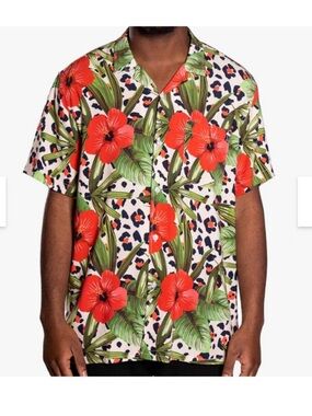 Duvin Leo Red Floral Button-Up Camp Shirt